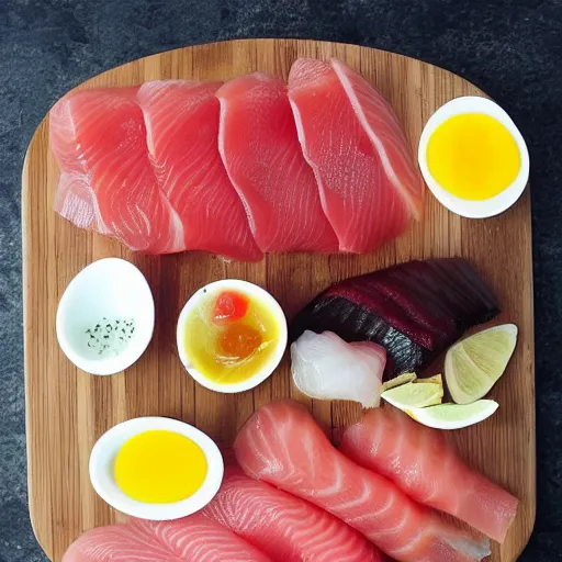 Image similar to digging board full of sashimi, sausages and hardboiled eggs