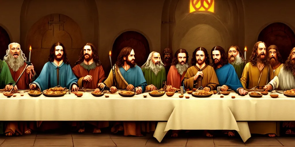 Image similar to lord of the rings last supper by wes anderson, digital painting, trending on artstation, sharp focus, 4 k