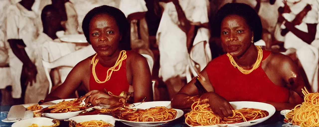 Prompt: queen nzinga mbande of angola, enjoying a feast of spaghetti, in the style of diane arbus, canon 5 0 mm, kodachrome, retro
