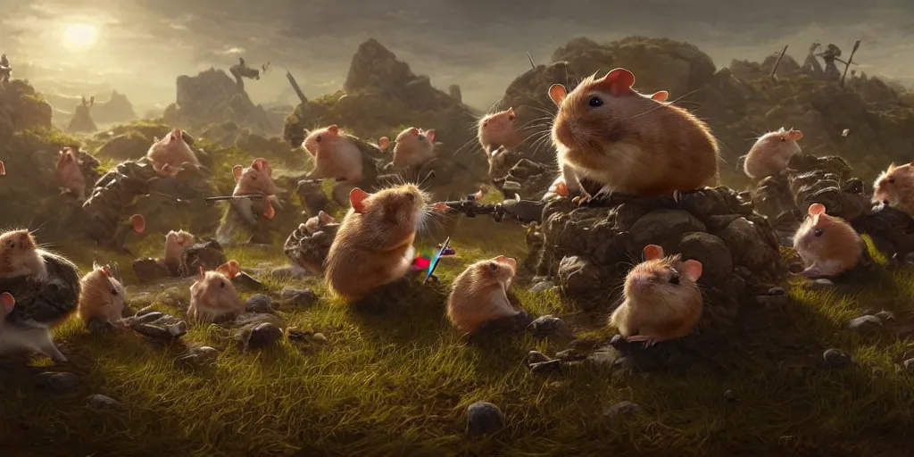 Image similar to highly detailed image of hamsters in a battle, hamsters, hamsters holding rifles, stephen bliss, unreal engine, fantasy art by greg rutkowski, global illumination, radiant light, detailed and intricate environment