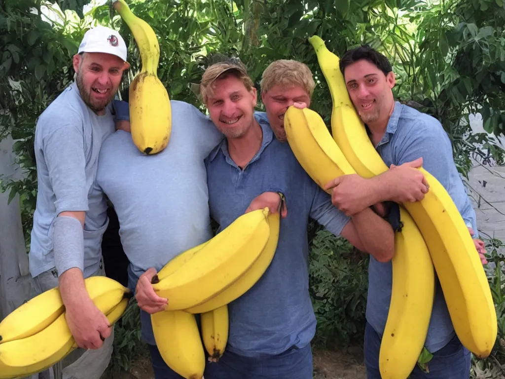 Prompt: a photograph of michael balzary hugging a big banana