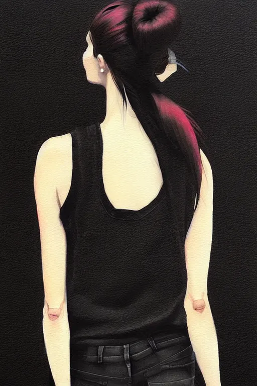 Image similar to a ultradetailed beautiful painting of a stylish woman in with a ponytail, she is wearing a black tank top and jeans, by conrad roset, greg rutkowski and makoto shinkai trending on artstation