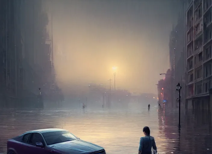 Prompt: a car driving through shallow water, flooded city, people walking through shallow water, muted colors, hyperrealistic, oil painting, intricate, cgsociety, artstation, 8 k, cinematic, soft lighting, by greg rutkowski, by wlop, by artgerm