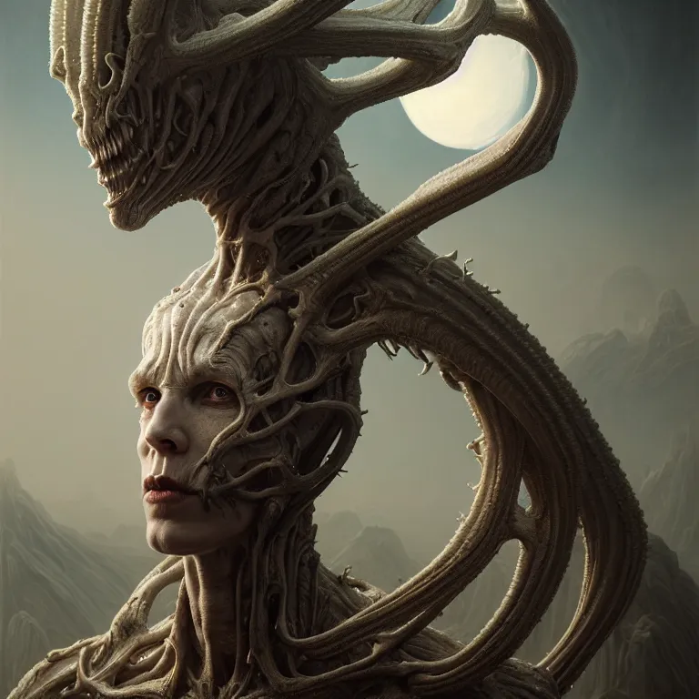 Prompt: portrait of white alien man with ribbed body, covered with twisted ribbed crooked antlers in wastelands on white exoplanet, baroque portrait painting, beautiful intricate insanely detailed octane render, artstation, 8 k artistic photography, photorealistic, volumetric perfect light, chiaroscuro, raphael, caravaggio, beksinski, rutkowski, giger