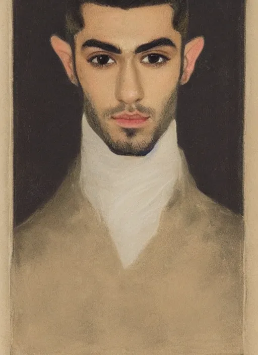 Image similar to portrait of zayn malik as an elf by turner, only one head single portrait, pointy ears, wearing a black leather napoleonic military jacket