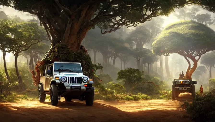 Image similar to mahindra thar driving through madagascar with baobabs trees, artgerm and greg rutkowski and alphonse mucha, an epic fantasy, volumetric light, detailed, establishing shot, an epic fantasy, trending on art station, octane render, midsommar