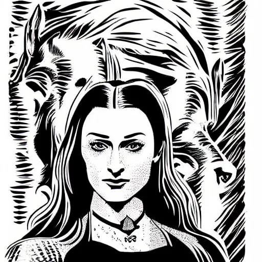 Prompt: vector art screenprint of sansa stark by marc hempel