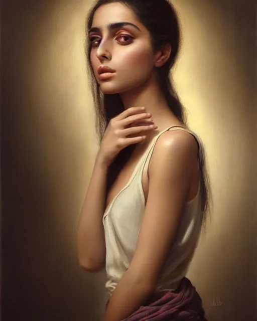 Image similar to a highly realistic, true to life portrait of a beautiful young middle eastern girl, soft focus, from the waist up, with sharp features, a beautiful face, soft smile, under studio lighting, taken with a canon eos camera with 1 3 5 mm focal length, art by karol bak, james jean, tom bagshaw, trending on artstation,