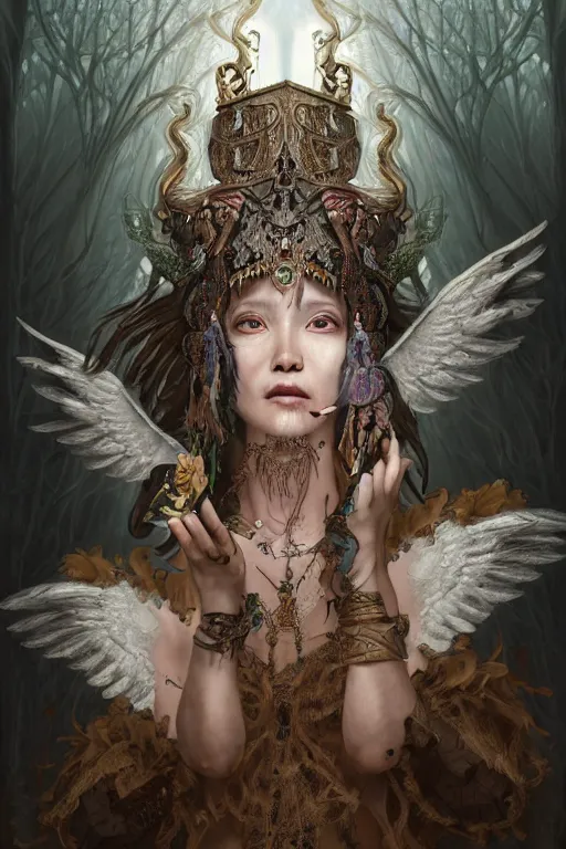 Image similar to A masterpiece ultrarealistic portrait of a Irristible angel princess tribal-shaman-knight-witch-ghost with Skull Iron mask. baroque renaissance girl in the night forest. medium shot, intricate, elegant, highly detailed. trending on artstation, digital art, by Stanley Artgerm Lau, WLOP, Rossdraws, James Jean, Andrei Riabovitchev, Marc Simonetti, Yoshitaka Amano. background by James Jean and Gustav Klimt, light by Julie Bell, 4k, porcelain skin.