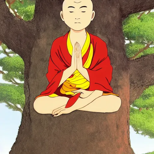 Image similar to Meditating Buddhist monk sat at the base of a large tree on top of a green hill artwork by studio Ghibli