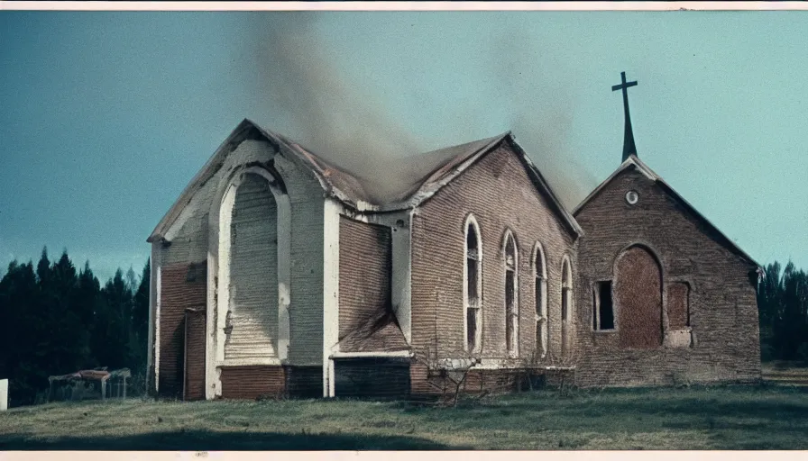 Image similar to 7 0 s film still from a horror movie about burning churches, kodachrome, cinecolor, cinestill, film grain, film texture, retro, cinematic, high resolution, photorealism,