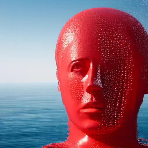 Image similar to a giant human head sculpture in the sea made out of juicy and transparent red jelly, in the style of chad knight, long shot, hyper detailed, hyper realistic, ray tracing, 8 k resolution, sharp focus, realistic water, award winning