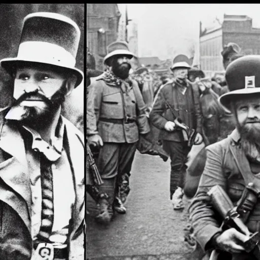 Image similar to leprechaun in the ira, historical photograph, restored, gun, irish, terrorism