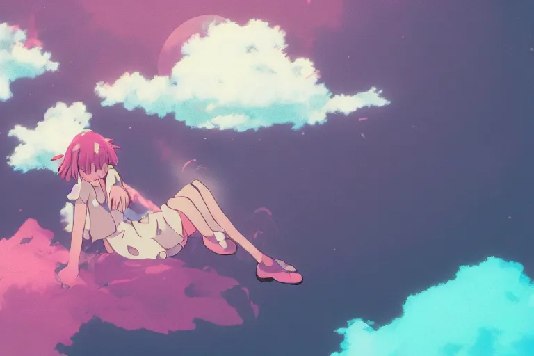 Image similar to a cute anime girl sleeping on a cloud, misty, glows, by studio ghibli, anime, hazy, foggy, ambient lighting, 8 k, neon, synthwave,