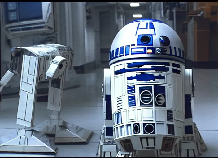 Image similar to screenshot of R2-D2 droid head mixed with an AT-AT hybrid, scene from the empire strikes back, 1980s film directed by Stanley Kubrick, cinematic lighting, kodak stock, hyper real, stunning moody cinematography, with anamorphic lenses, crisp, detailed portrait, 4k image