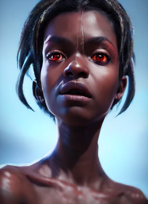 Prompt: An epic fantasy comic book style portrait painting of a short dark skinned girl thief with spidery hair and kind eyes, unreal 5, DAZ, hyperrealistic, octane render, cosplay, RPG portrait, dynamic lighting