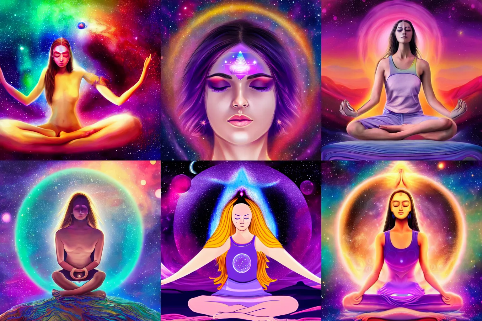 Prompt: a beautiful colorful digital illustration of an attractive girl with violet eyes and open third eye meditating spiritual art, space background, breathtaking stars, hyperrealistic, photorealistic, hyper sharp, 4k, detailed, hypermaximalist, 8k, hyper realistic, 4k HDR,