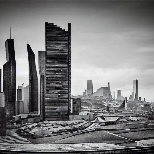 Image similar to cityscape in the bleak future with brutalist architecture viewed from the side