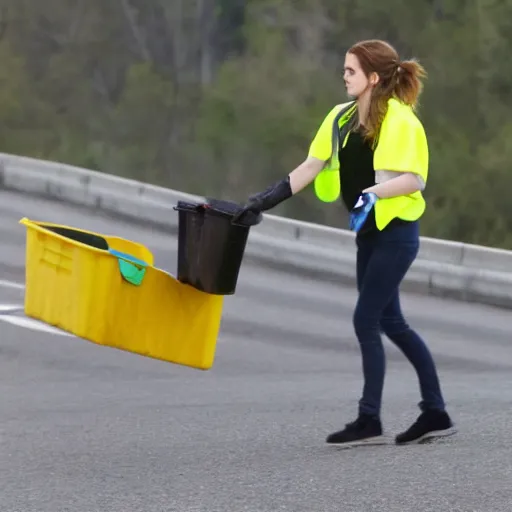 Image similar to emma watson in a hi vis vest picking up trash on the side of the interstate. paparazzi photo,