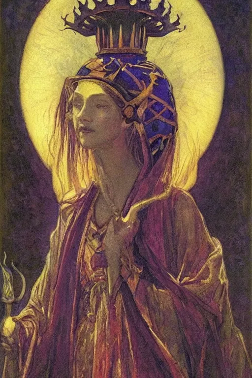 Image similar to child of darkness with her crown and lantern, by Annie Swynnerton and Nicholas Roerich and jean delville, dramatic cinematic lighting , ornate headdress , flowing robes, sacred artifacts, lost civilizations, smooth, sharp focus, extremely detailed