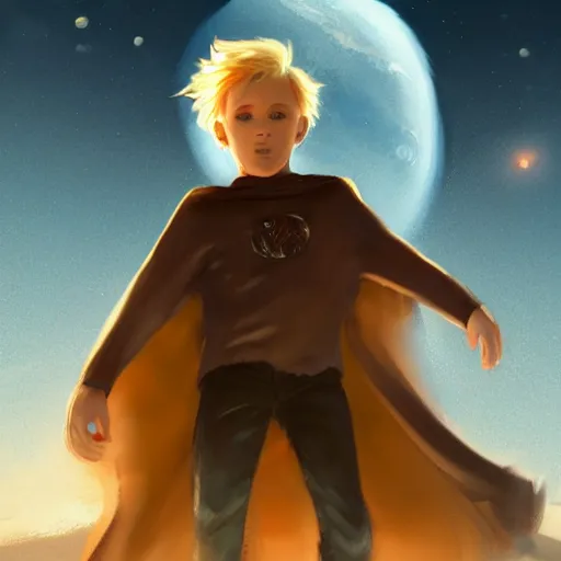Image similar to blonde boy with bright golden eyes wearing a brown cape and flying in t pose, space background, greg rutkowski