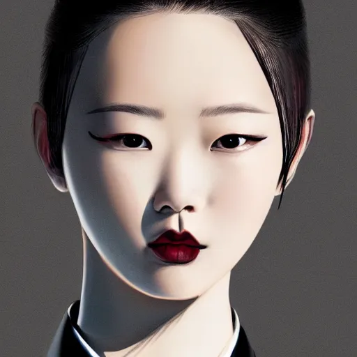 Prompt: portrait of a beautiful korean girl wearing a men's tuxedo, with short messy hair, men's haircut, angular features, angry expression, digital art, elegant pose, detailed illustration