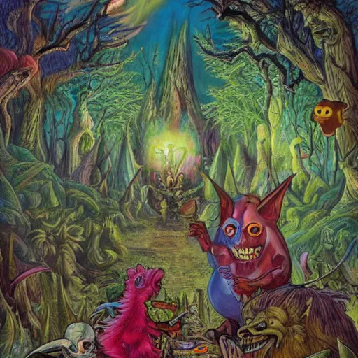 Image similar to a scene of colorful cartoon monsters in the clearing of a dark fantasy forest surrounded by darkness. hyperrealist illustration. muted colors. 1 9 7 0's pulp science fiction and fantasy cartoon for alice in wonderland and wizard of oz. highly detailed and richly colored painting by don ivan punchatz. trending on artstation