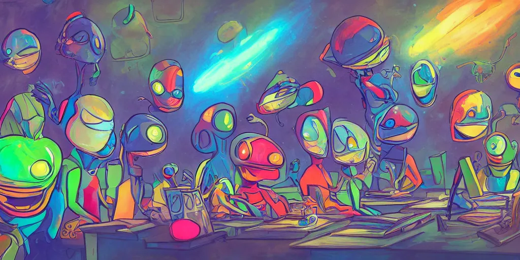 Prompt: a group of multi colored aliens with exasperated expressions sitting around a desk drawing on tablets, floating in the air on the back of a giant blue bird, sighing, ironic, painting, realistic, cinematic, trending on art station, mid shot, rim lighting