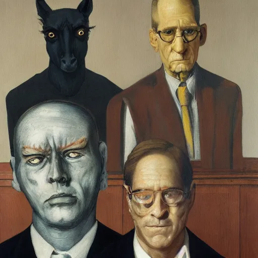 Prompt: portrait face head eyes man ears Nightmarish Horse Man Warlock the Hank Hill camouflaged as a Pony wearing a black shirt mark ryden greg rutkowski andrew wyeth giorgio de chirico dan witz