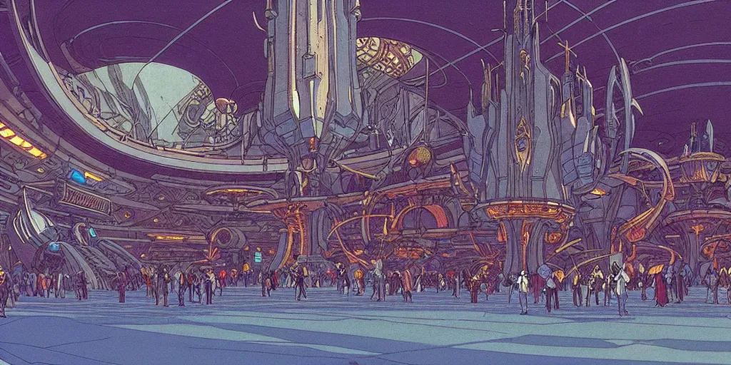 Image similar to cel shaded cinematic shot of the interior of a sci-fi space station with ornate Elven architecture bustling with people, epic castle, emerald, crystalline, detailed illustration, sharp focus, concept art by Moebius, Jean Giraud Moebius
