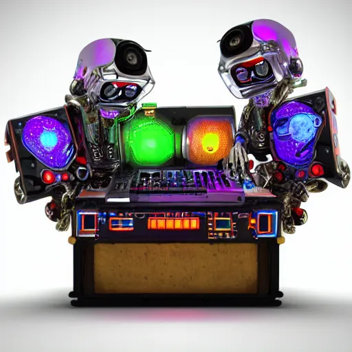 Prompt: album art, roborock, 3 steampunk spaced out robots on a dj desk with a cd mixer, 8 k, flourescent colors, halluzinogenic, multicolored, exaggerated detailed, front shot, 3 d render, octane