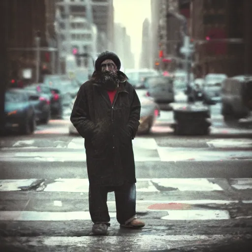 Prompt: portrait of a homeless man in New York city, matte paint, sharpen, raining