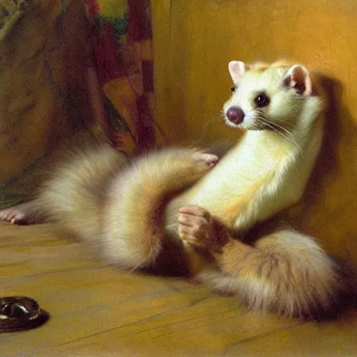 Image similar to a portrait of a furry ferret wearing clothes, hairy, furry body, furry arms, feet, tail. highly detailed painting by gaston bussiere, craig mullins, j. c. leyendecker, furry