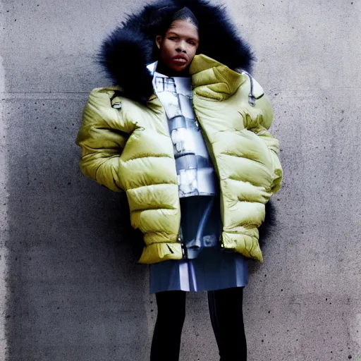 Image similar to realistic photoshooting for a new balenciaga lookbook color film photography of a beautiful woman model, model wears a puffer jacket, photo in style of tyler mitchell, ssense