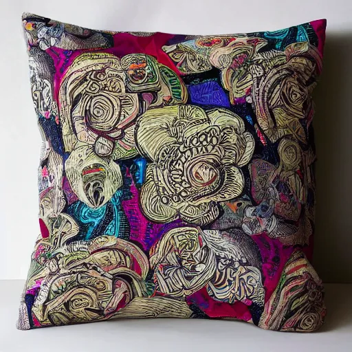 Image similar to the most amazing pillow every made, product shot, intricate, fine detail, full maximalist print