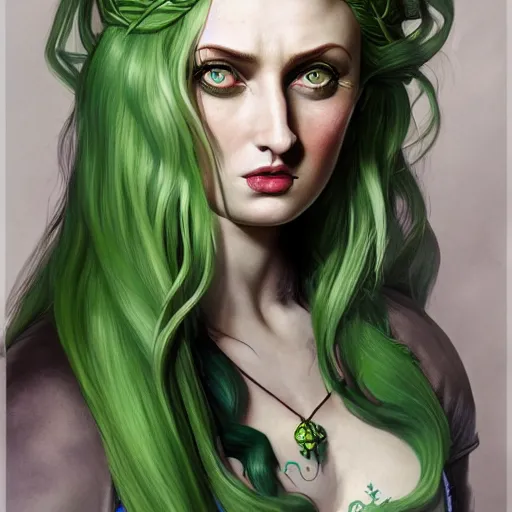 Image similar to closeup portrait shot of green hair tattooed pinup sophie turner, rogue bard, dnd, highly detailed, digital painting, artstation, concept art, soft focus, depth of field, artgerm, tomasz alen kopera, peter mohrbacher, donato giancola, wlop, boris vallejo