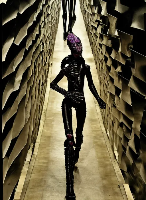 Image similar to walking down the catwalk, steven klein, show, stage, vogue photo, podium, fashion show photo, iris van herpen, beautiful woman, perfect body, full body shot, helmet on face, masterpiece, plant predator, guyver, jellyfish, biomechanical details, movie still, fauvism, cinestill, bokeh, gelios lens