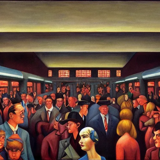 Image similar to crowded subway station interior, art deco, brutalism, dystopian, pj crook, edward hopper, oil on canvas