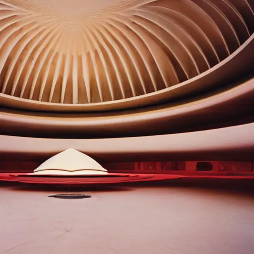 Image similar to interior of a futuristic lotus temple with gold, red and white marble panels, in the desert, by buckminster fuller and syd mead, intricate contemporary architecture, photo journalism, photography, cinematic, national geographic photoshoot