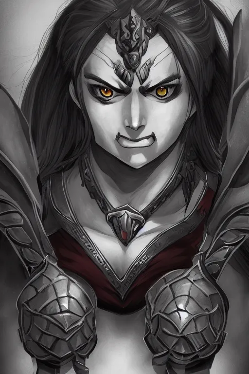 Prompt: portrait of a female orc warrior in Yusuke Murata style, D&D, dungeons and dragons, anime, manga, rpg, jrpg, pixiv, trending on artstation, HD