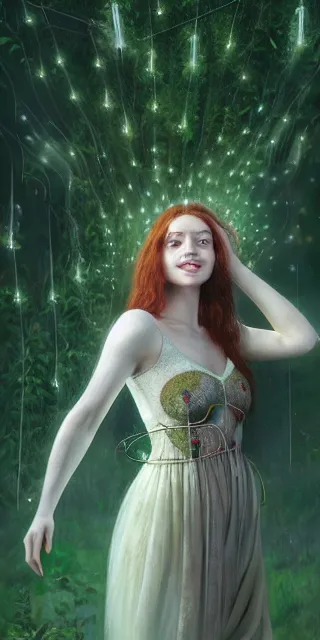 Image similar to young woman, serene smile, surrounded by firefly lights, full covering intricate detailed dress, amidst nature, long red hair, precise linework, accurate green eyes, small nose with freckles, beautiful smooth oval shape face, empathic, expressive emotions, dramatic lights, hyper realistic ultrafine art by artemisia gentileschi, jessica rossier, boris vallejo