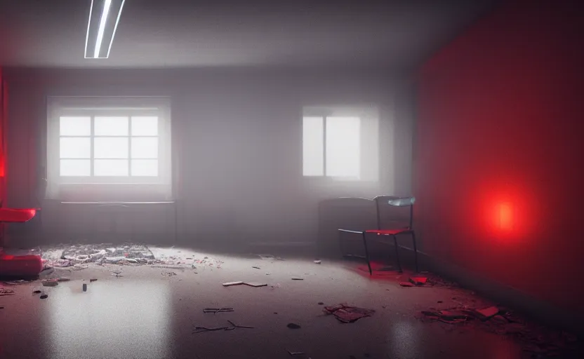 Image similar to an abandoned hospital room with red ceiling lighting and several blue lights on the walls, gloomy and foggy atmosphere, octane render, artstation trending, horror scene, highly detailded