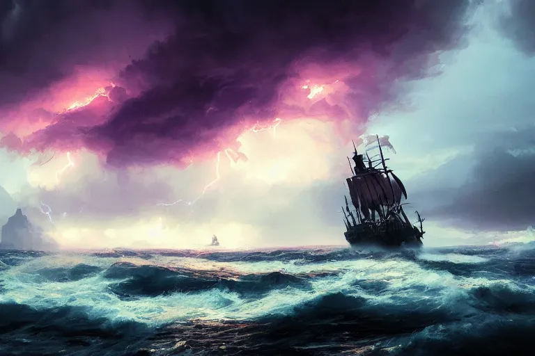 Image similar to a close up pirate ship, violent stormy waters, fiery electrical storm clouds in epic purple sky, dark night, digital art, cinematic, hd, by greg rutkowski, artstation