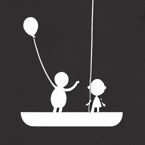 Image similar to book illustration of a balloon character holding a floating human by a string, book illustration, monochromatic, white background, black and white image