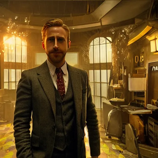 Prompt: a highly detailed cinematic photo from a live - action bioshock movie. andrew ryan, portrayed by ryan gosling, is shown standing in a 1 9 3 0's office with a large desk in front of a floor - to - ceiling window looking out onto the underwater city of rapture shining in the distance, several fish are shown outside of the window