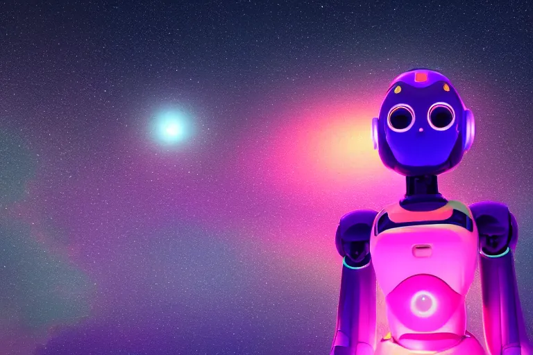 Image similar to a beautiful calm robot girl looking up to the stars, photograph, colorful background, render, 3 d, render, glows, neon, 8 k, 4 d,