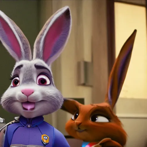 Image similar to Judy Hopps, the rabbit police officer from Zootopia, interrogating Hannibal Lecter from Silence of the Lambs, mashup, 4k movie still