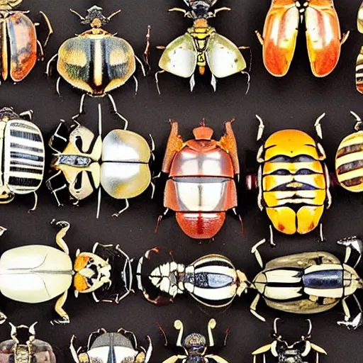 Prompt: a display of different kinds of beetles