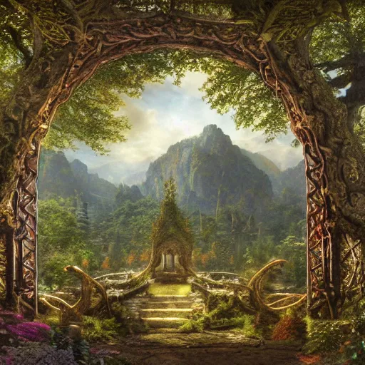 Prompt: a beautiful and highly detailed matte painting of an elven garden palace in a breath taking forest in a deep valley in the beautiful mountains of avalon, celtic knots, detailed woody trees, intricate details, epic scale, insanely complex, 8 k, sharp focus, hyperrealism, very realistic, by caspar friedrich, albert bierstadt, james gurney, brian froud,