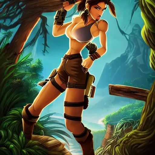 Prompt: sexy beautiful lara croft, cartoon, rpg character, humblewood art style, concept art, fantasy